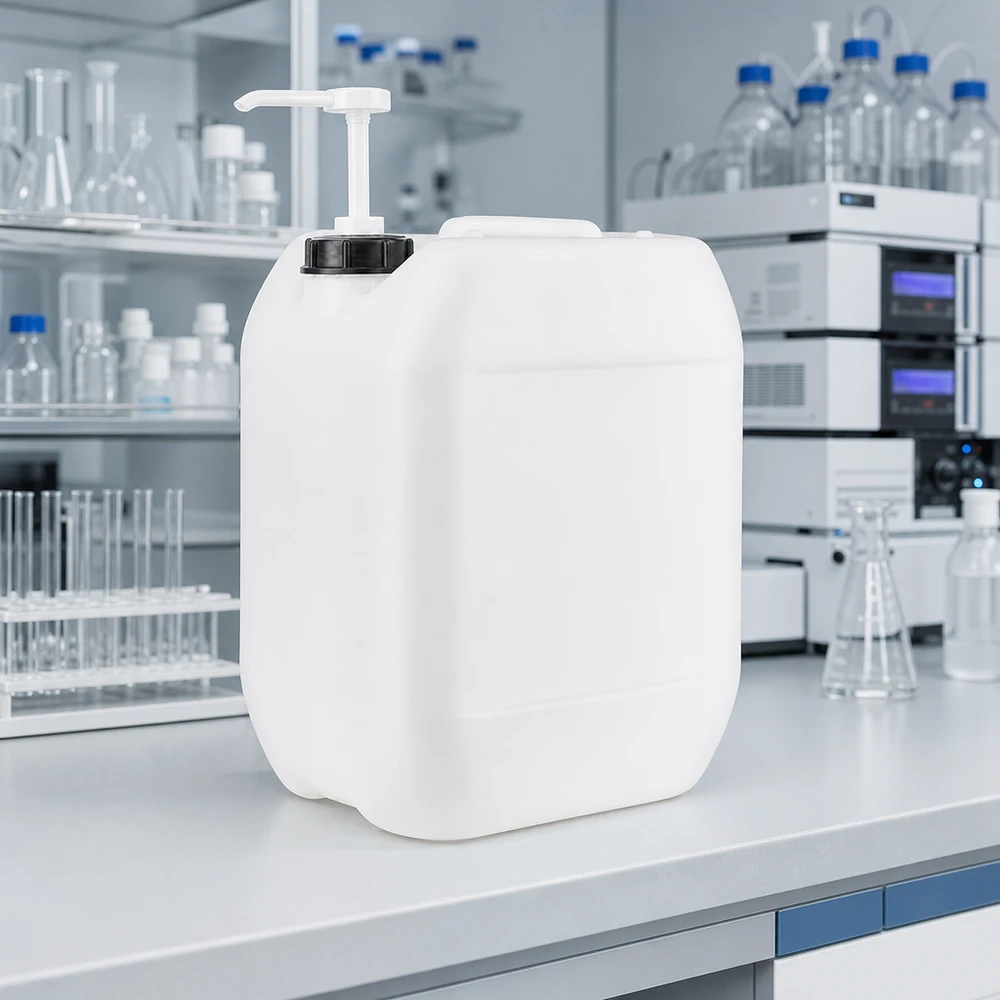 Bidon blanc de 10 litres adapté au contact alimentaire, équipé d'une pompe de distribution pour un dosage sûr en laboratoire et dans l'industrie