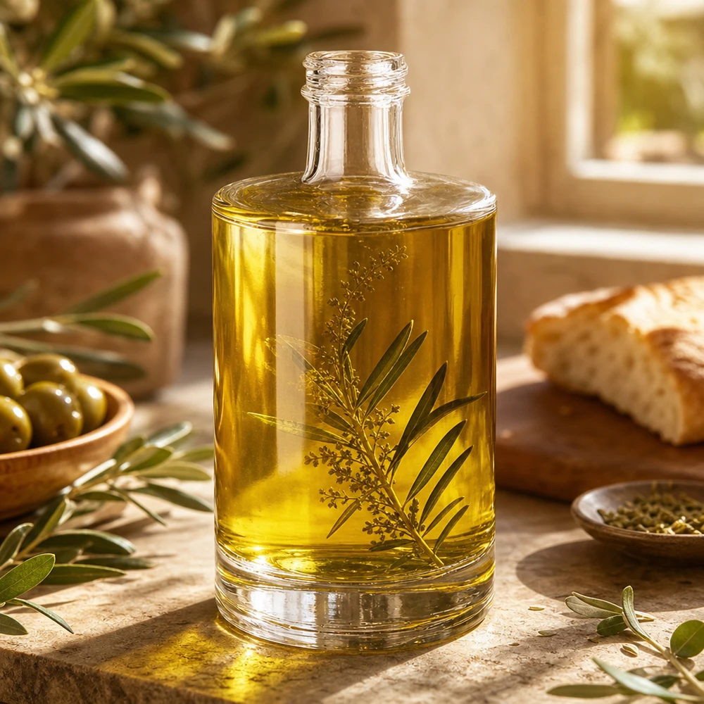 Bouteille en verre Sam de 500 ml remplie d'huile d'olive et d'herbes aromatiques Exemple d'utilisation cuisine méditerranéenne Décoration
