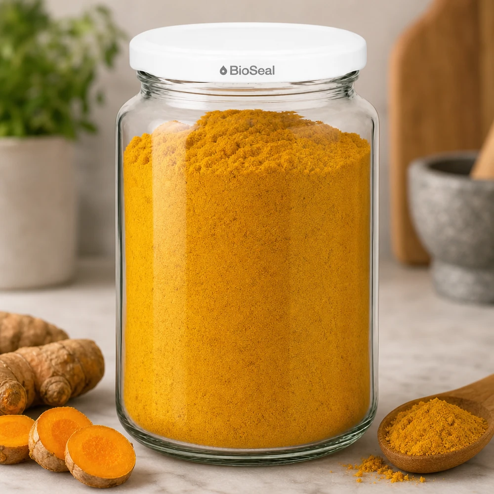 UNiTWIST Runda382 rempli de poudre de curcuma - conservation d'épices dans un récipient en verre avec couvercle blanc TO66 BioSeal