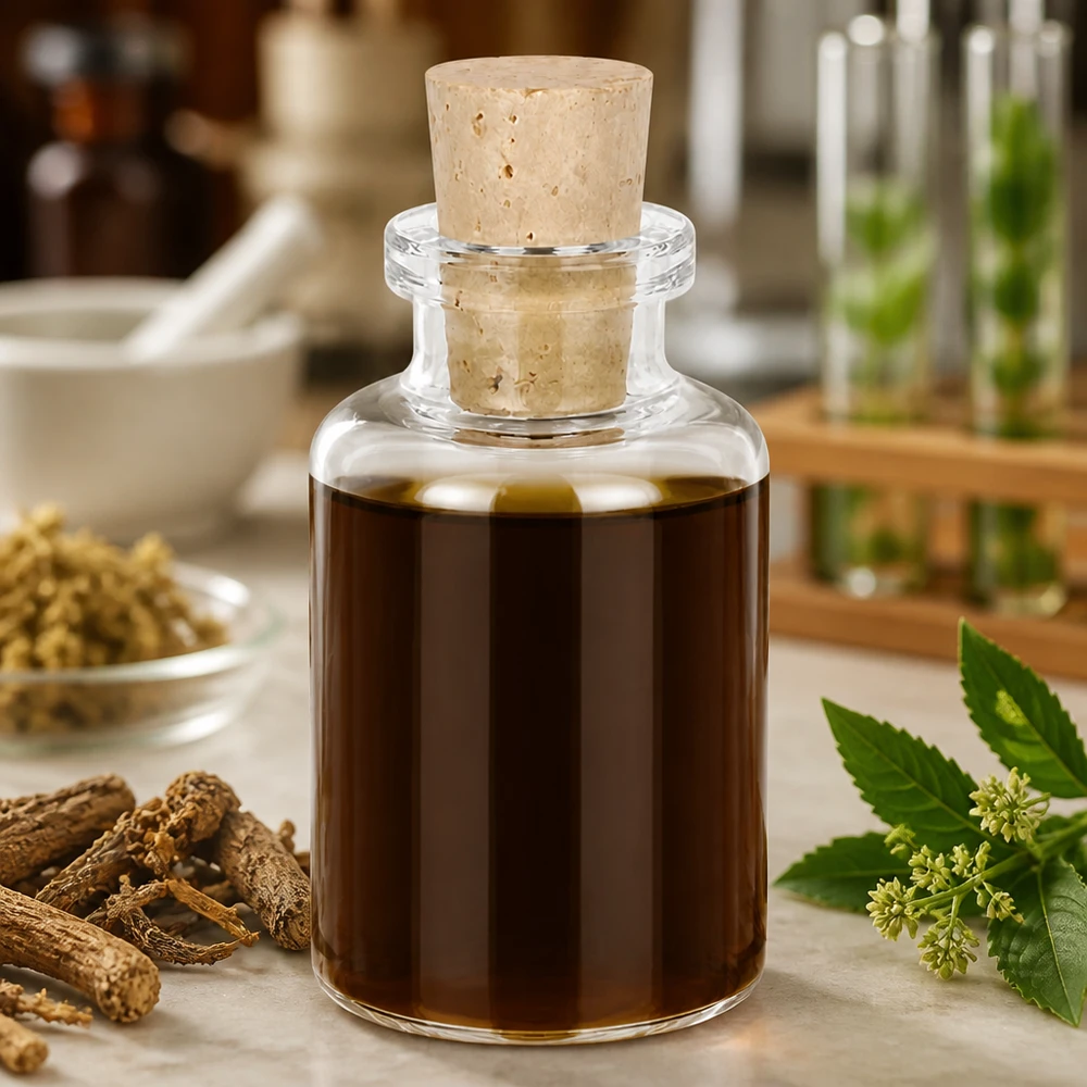 Flacon en verre clair 30 ml avec bouchon de liège 11/14 mm Handliche Klarglasflasche 30ml mit Naturkorken auf Marmorfläche mit botanischen Zutaten