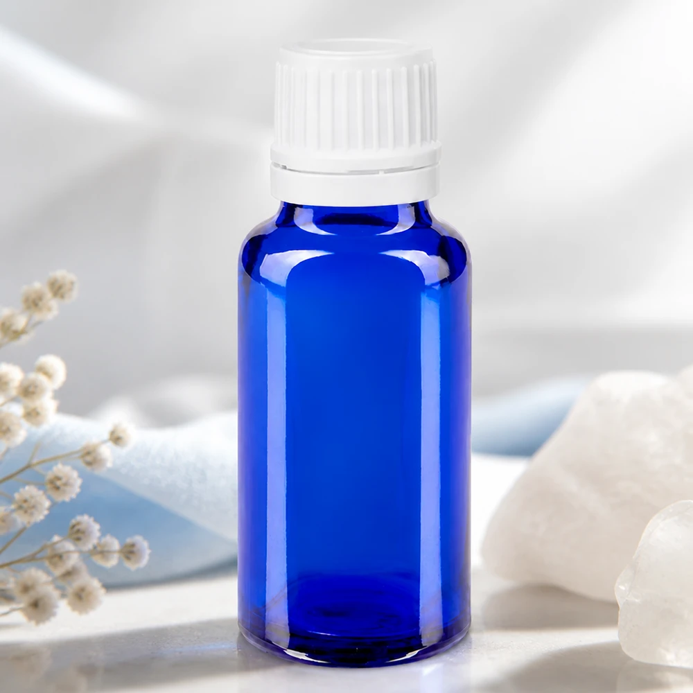 Flacon à pharmacie bleu 20ml bouchon à vis blanc bouchon d'originalité Flacon en verre bleu élancé de 20 ml avec bouchon blanc à sécurité enfant, destiné aux huiles essentielles et à l'aromathérapie