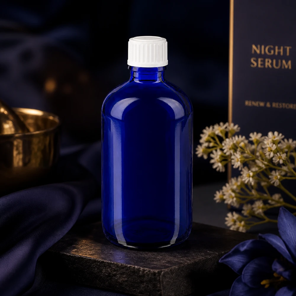 Flacon de pharmacie bleu 100ml bouchon vissable blanc standart Flacon de pharmacie bleu cobalt de 100 ml posé sur une pierre foncée, avec un bouchon à vis blanc de 11 mm