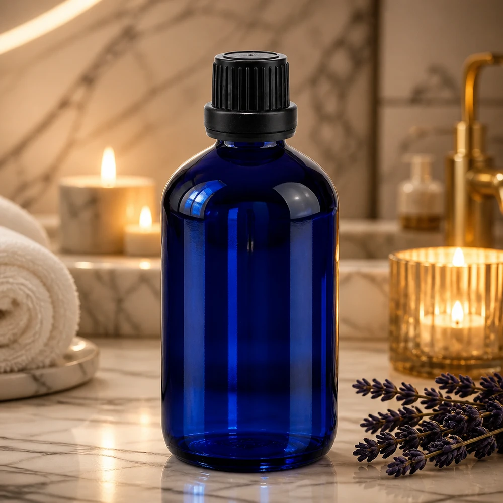 Flacon de pharmacie de 100 ml, bleu cobalt, avec bouchon à vis noir, pour huiles essentielles