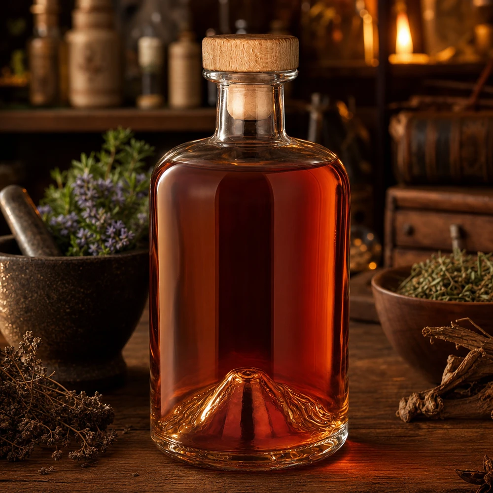 Bouteille en verre de 500 ml Sofia UNiTWIST remplie de liquide ambré dans un environnement de cuisine rustique avec des herbes aromatiques