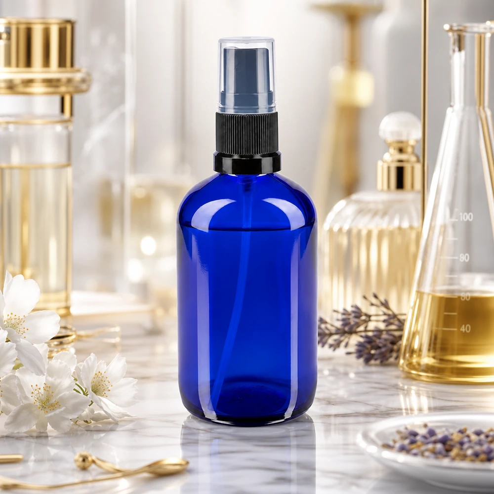 Flacon en verre bleu cobalt de 100 ml avec un bouchon de protection transparent, entouré de flacons en verre et de flacons de parfum