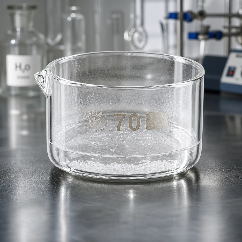 Coupelle de cristallisation 100 ml avec bec verseur Coupelle de cristallisation de laboratoire de 100 ml contenant un liquide limpide et bouillonnant, posée sur un plan de travail de laboratoire en acier inoxydable