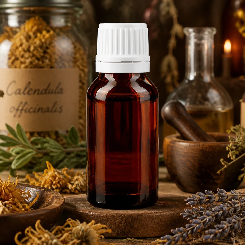Flacon en verre brun 15ml avec bouchon à vis blanc VR Petite bouteille en verre brun de 15 ml avec bouchon d'inviolabilité blanc, entourée de Calendula officinalis