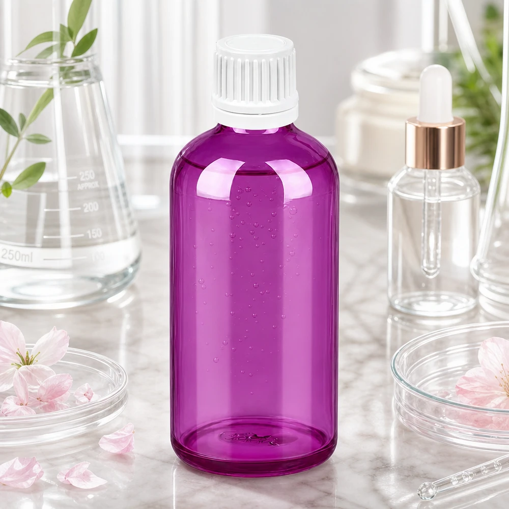 Flacon 100ml bouchon à vis 11mm blanc Originalité Bouchon à vis PurpleLine UT18/100 Flacon en verre violet de 100 ml avec bouchon d'inviolabilité blanc pour une conservation sûre des liquides