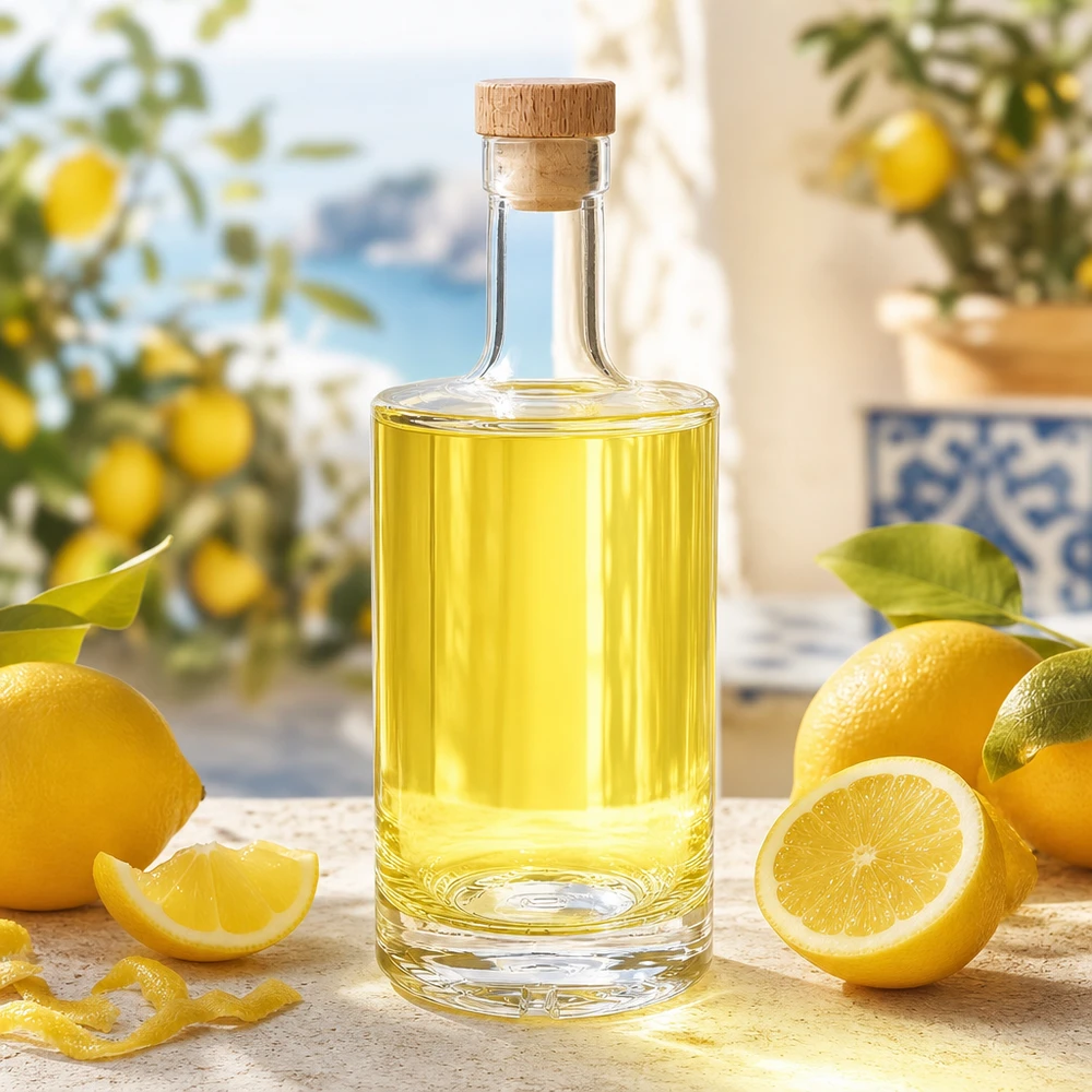 Bouteille en verre 500 ml « Nora » avec bouchon en bois UNiTWIST® Bouteille en verre Nora de 500ml remplie de liqueur de citron Décoration méditerranéenne Bouchon en bois UNiTWIST Agrumes