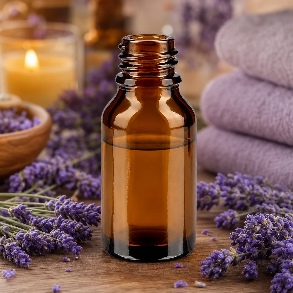 Flacon avec compte-gouttes 15 ml DIN18 - verre ambré Bouteille de pharmacie brune de 15ml ApoGlas avec des fleurs de lavande et des serviettes dans une atmosphère de spa relaxante
