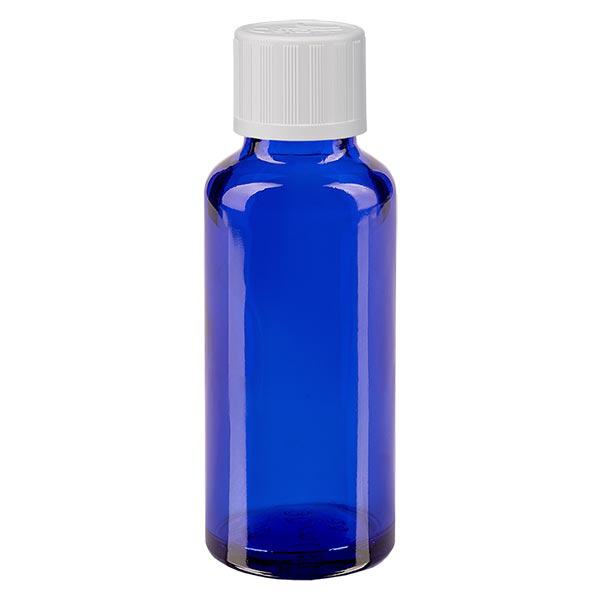 Flacon à pharmacie bleu 30ml bouchon anti-goutte blanc séc. enf. std