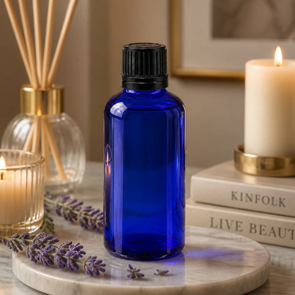 Flacon à pharmacie bleu 50ml bouchon inviolable 1mm noir bouchon d'inviolabilité Flacon protecteur contre la lumière, bleu, 50 ml, avec compte-gouttes de 1 mm, pour huiles essentielles et essences