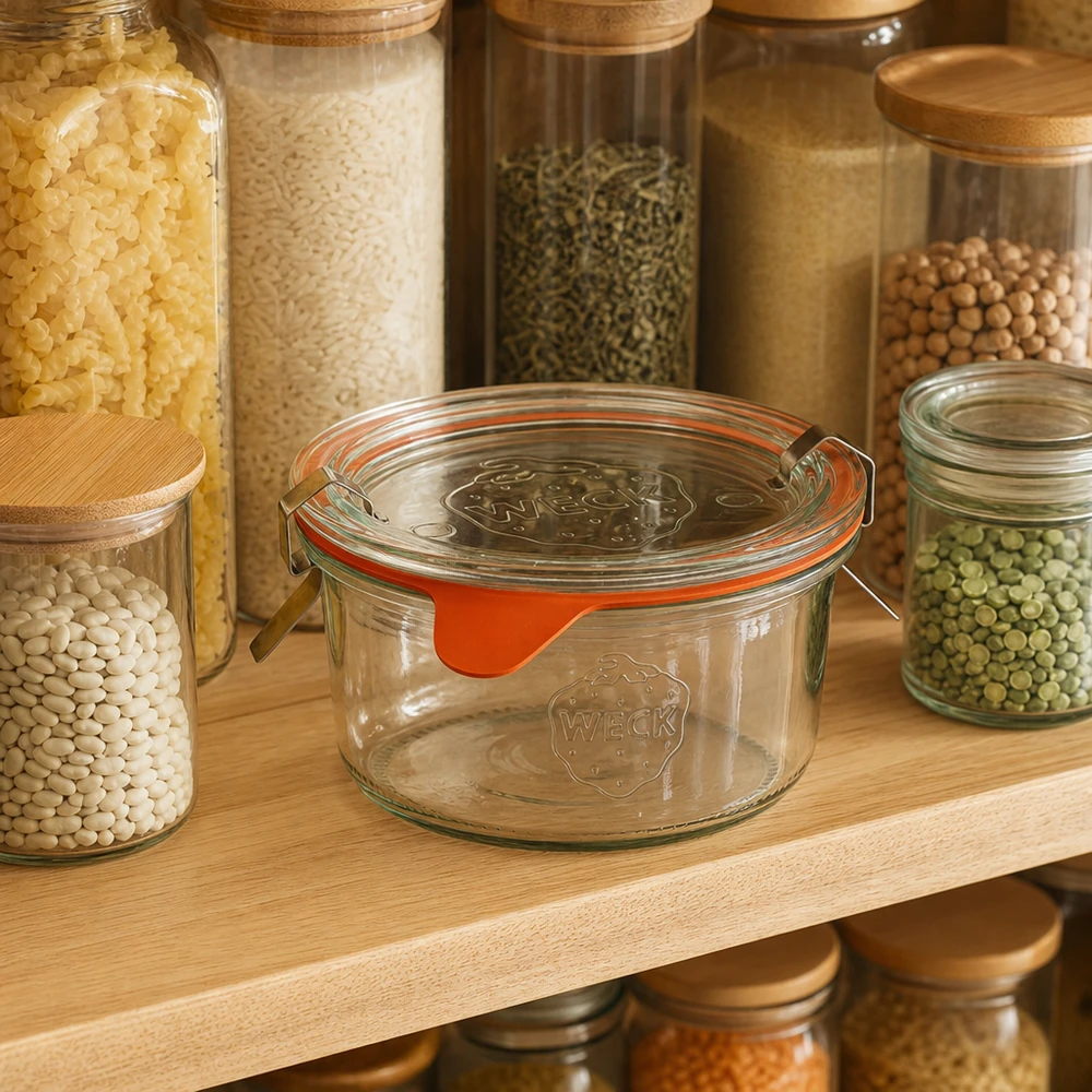 WECK Pot renversé 165ml RR80 dans un garde-manger organisé entre les bocaux de riz, lentilles et épices