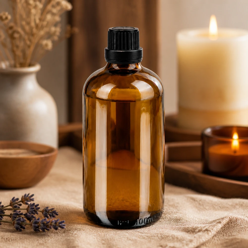 Flacon de pharmacie brun 100ml bouchon d'inviolabilité 2mm noir Flacon en verre brun de 100 ml avec compte-gouttes de 2 mm, idéal pour conserver les huiles naturelles et les essences