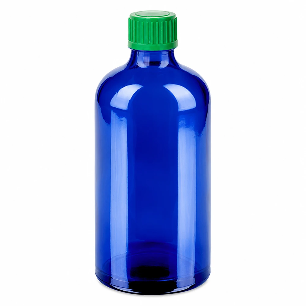 Flacon compte-gouttes bleu de 100 ml avec bouchon vert et compte-gouttes de 0,8 mm pour un dosage précis