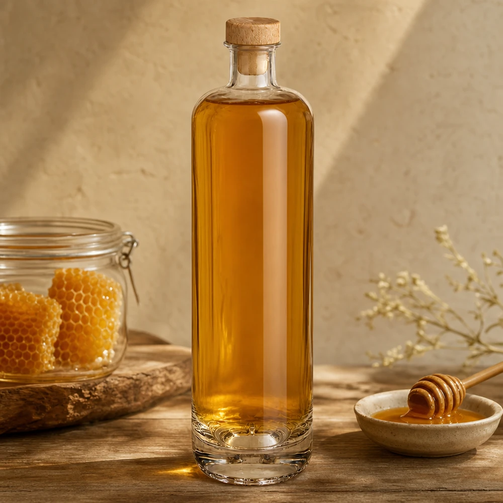 Bouteille en verre 700 ml « Ella » avec bouchon en bois UNiTWIST® Bouteille en verre Ella de 700 ml remplie de miel avec bouchon en bois à côté d'un nid d'abeilles et d'une cuillère à miel sur fond en bois