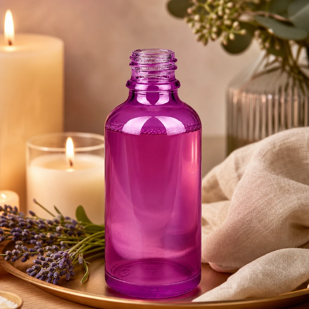 Bouteille à pharmacie de 50ml PurpleLine UT18/50 UNiTWIST Bouteille en verre PurpleLine UT18/50 de 50 ml avec filetage UNiTWIST en violet moderne pour les petits conditionnements