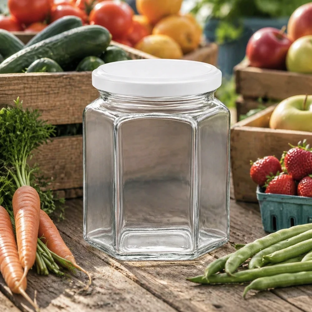 Pot de miel hexagonal vide de 400g avec couvercle blanc parmi des légumes et fruits frais sur une table en bois de style campagnard