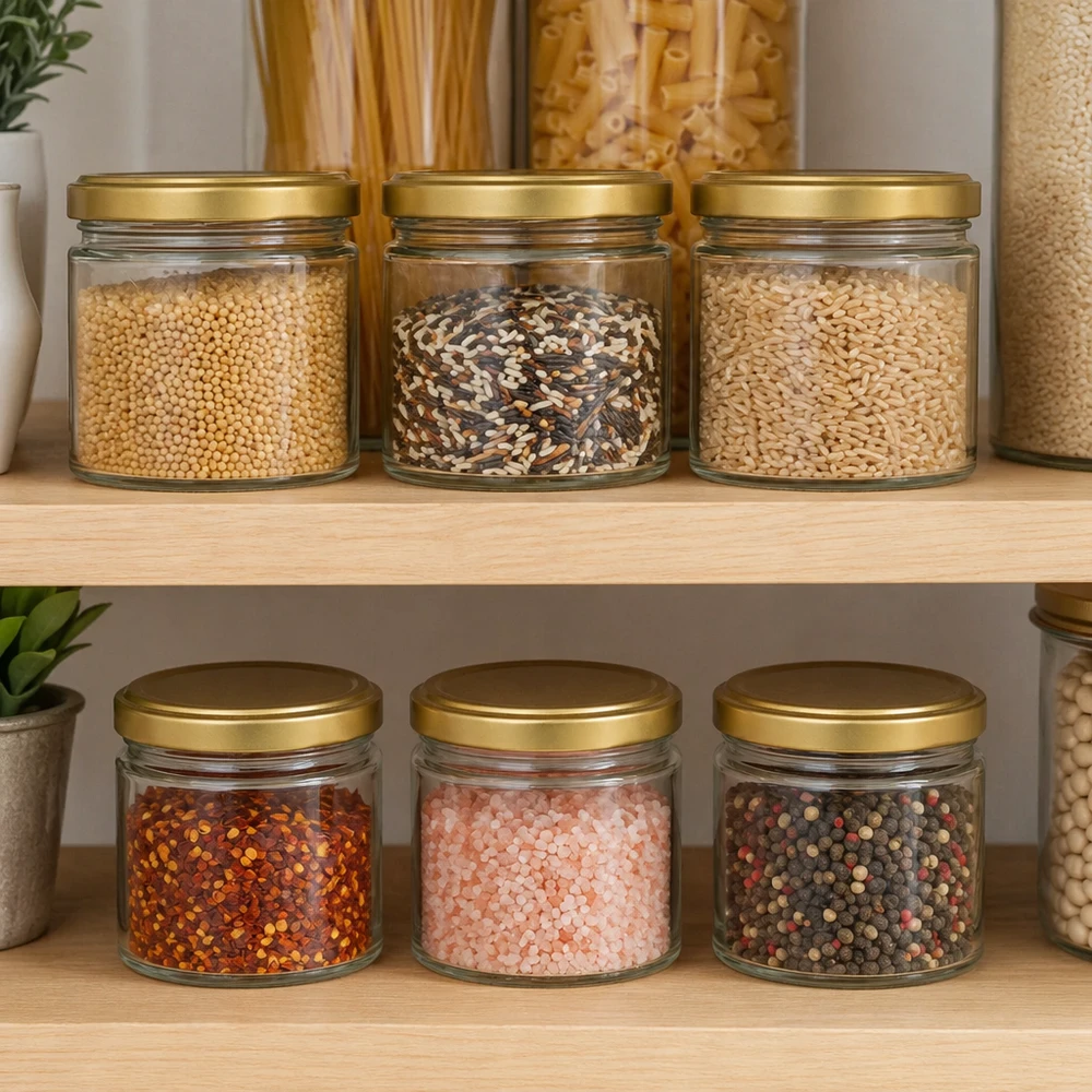 Pot à miel BasicSeal de 700g avec couvercle doré dans étagère de cuisine pour la conservation des épices et des aliments