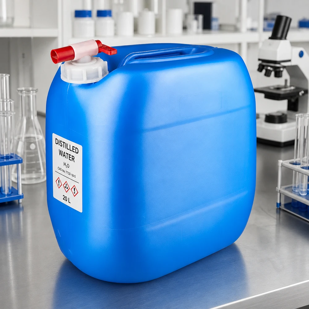 Bidon 30 litres bleu avec robinet Grand bidon bleu de 30 litres muni d'un robinet rouge, posé sur une table en acier inoxydable dans un environnement de laboratoire