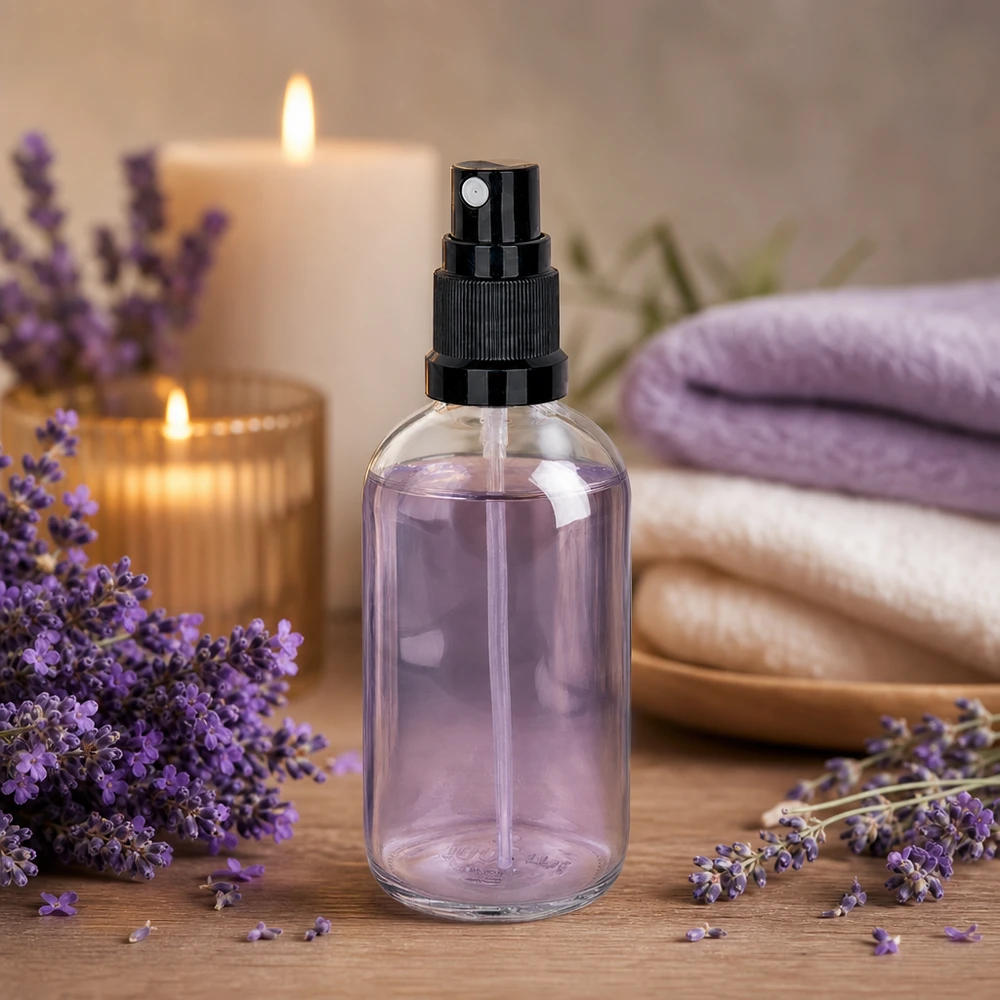 100ml vaporisateur noir/tr. STD ClearLine UT18/100 Flacon vaporisateur en verre de 100 ml muni d'un vaporisateur noir, posé sur une table en bois et entouré de fleurs de lavande