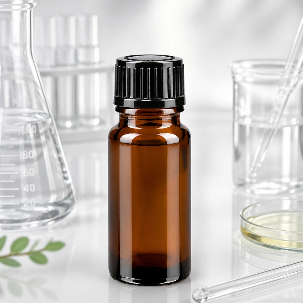 Flacon opacifiante de 10 ml en verre ambré, muni d'un bouchon à vis noir à l'épreuve des enfants