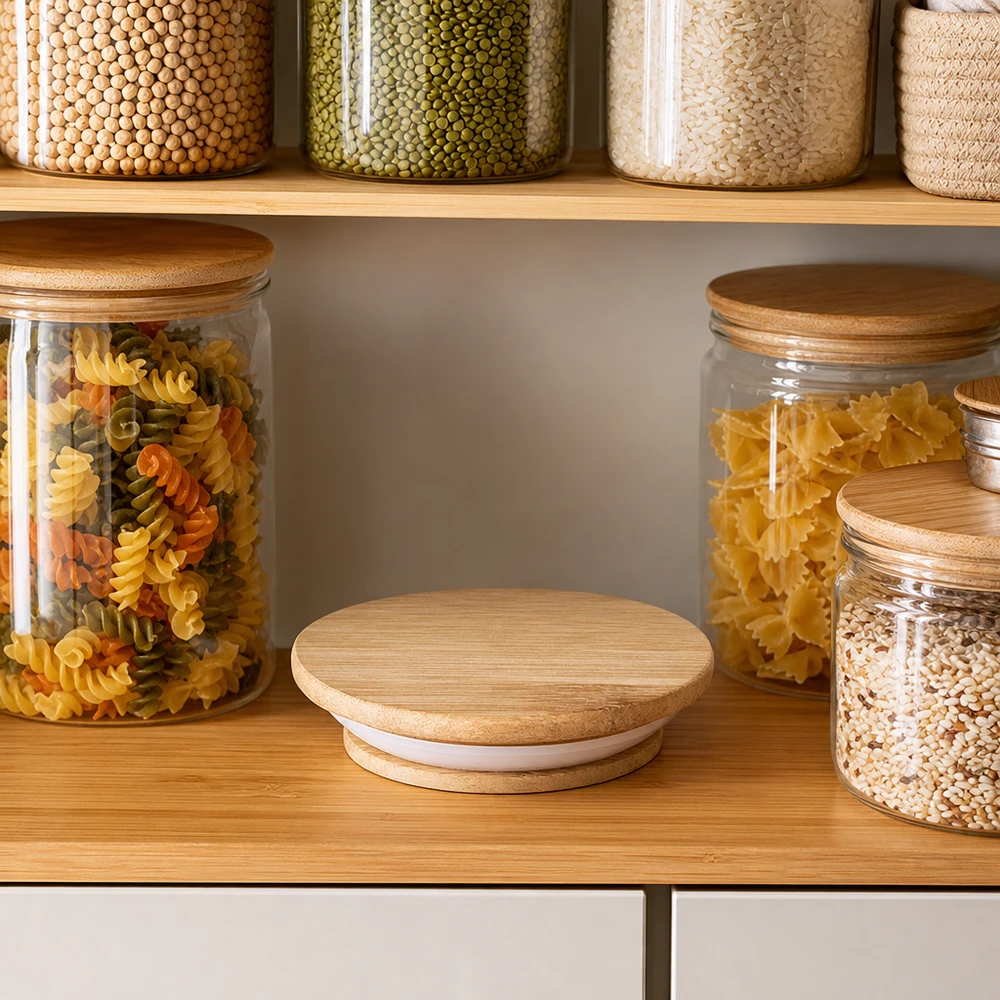 Couvercle en bois RR40 WECK Couvercle en bois WECK RR40 chêne naturel dans cuisine à provisions organisée avec bocaux pour pâtes riz et légumes secs