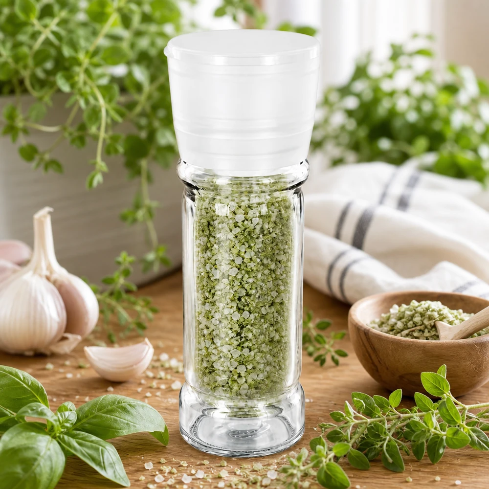 Pot à sel/épices 100 ml avec moulin Vario blanc Pot à épices transparent de 100 ml avec moulin Vario et sel aux herbes, à côté d'une gousse d'ail posée sur une table en bois