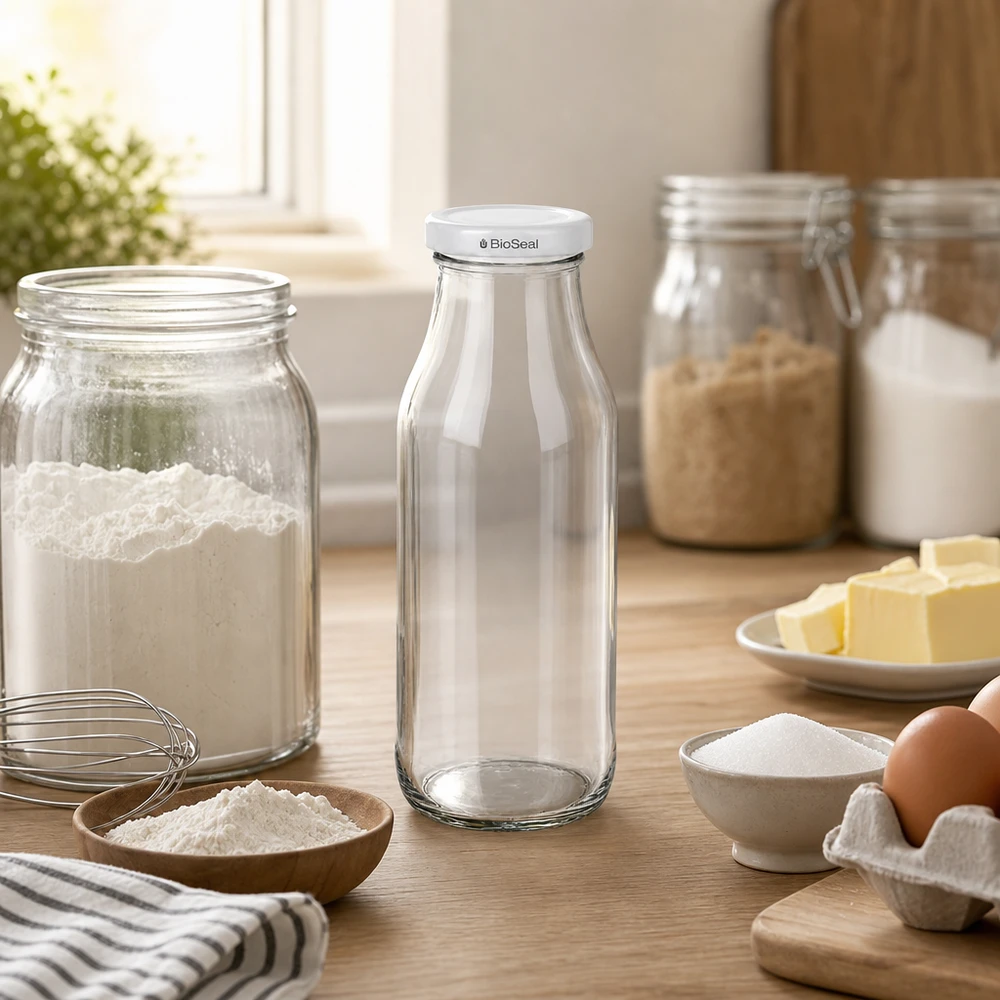 263ml Bouteille avec couvercle BioSeal blanc UNiTWIST UNiTWIST Bottle263 Bouteille en verre vide avec couvercle BioSeal blanc sur une table en bois entre les ingrédients de cuisson et les ustensiles de cuisine