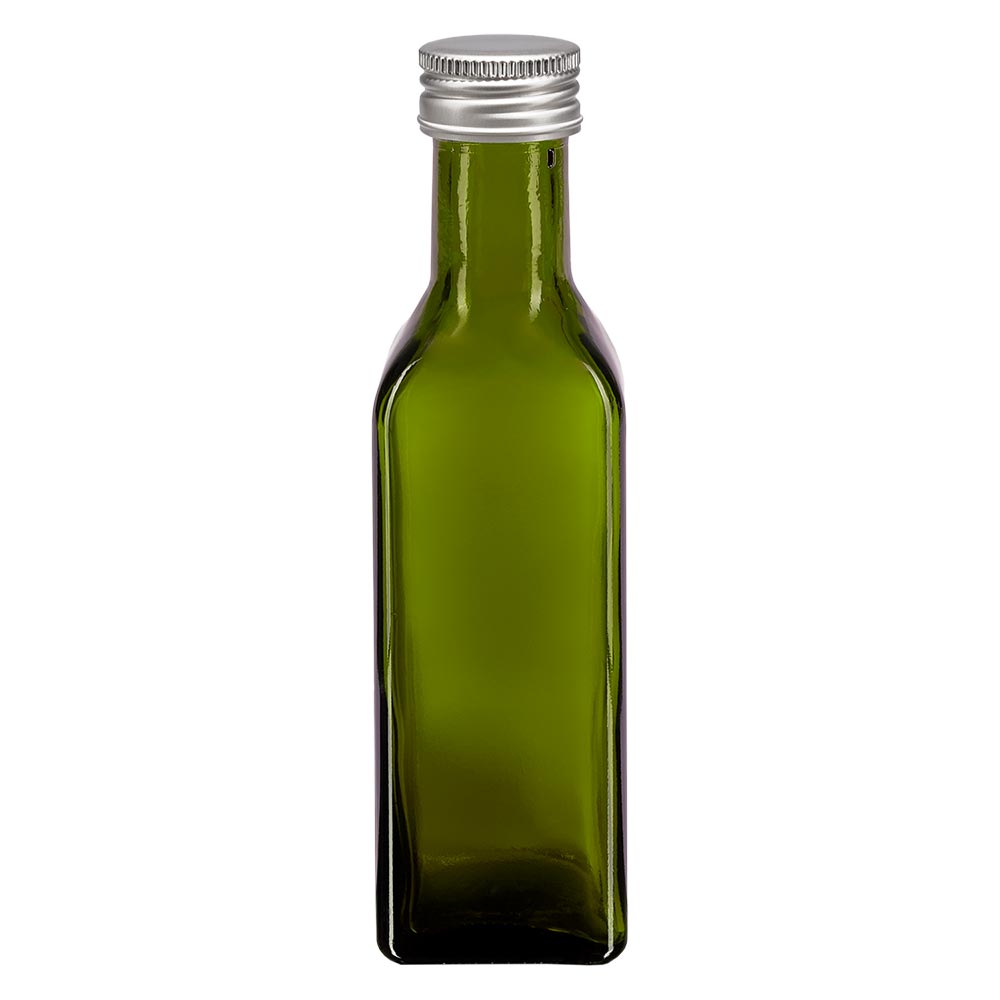 Bouteille d'huile 100 ml carrée, vert olive + capsule à vis en aluminium argenté (PP 24 mm) Bouteille d'huile 100 ml carrée, vert olive + capsule à vis en aluminium argenté (PP 24 mm)