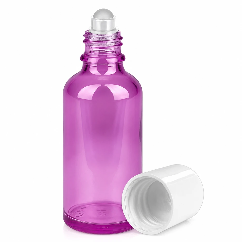 Flacon Roll-On 50ml blanc Standard PurpleLine UT18/50 Flacon roll-on en verre violet de 50ml avec bille métallique pour produits cosmétiques liquides