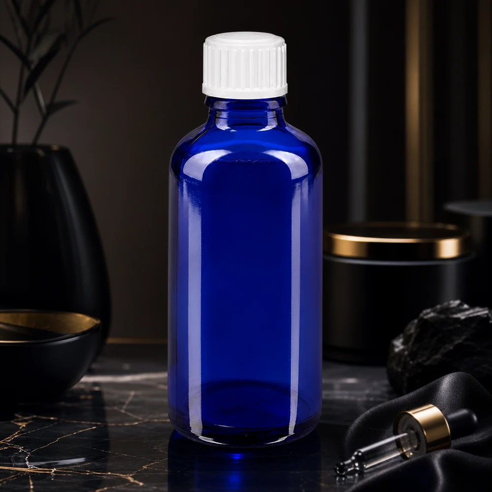 Flacon cylindrique en verre de 50 ml, bleu royal, muni d'un bouchon standard à sécurité enfants, destiné aux huiles essentielles