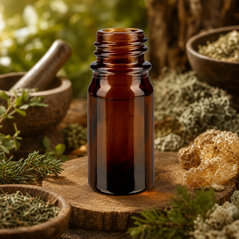 Bouteille de pharmacie 5ml brune ApoGlas sur tronc d'arbre avec cristaux naturels Herbes et mortier dans une ambiance de forêt