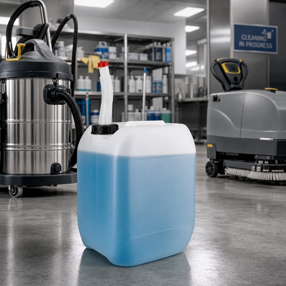 Bidon industriel robuste de 10 litres avec bec verseur flexible et bouchon de sécurité rouge