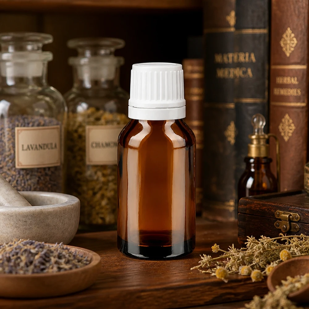 Flacon de pharmacie marron de 15 ml, à côté des bocaux de Lavandula et de camomille, sur l'étagère à herbes