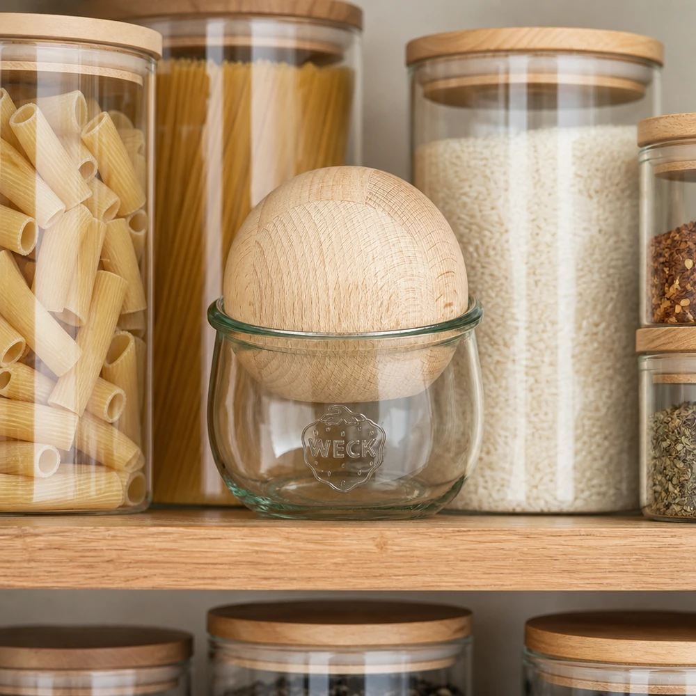 580ml bocal tulipe WECK RR100 avec boule en bois en hêtre WECK Bocal tulipe 580ml RR100 avec boule en bois de hêtre dans une cuisine organisée entre les pâtes et le riz Bocaux de conservation
