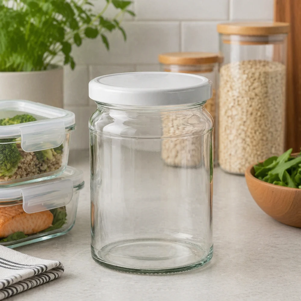 Bocal rond de 205ml avec couvercle blanc dans une cuisine moderne - Bocal de rangement entre les boîtes à provisions et les ustensiles de cuisine