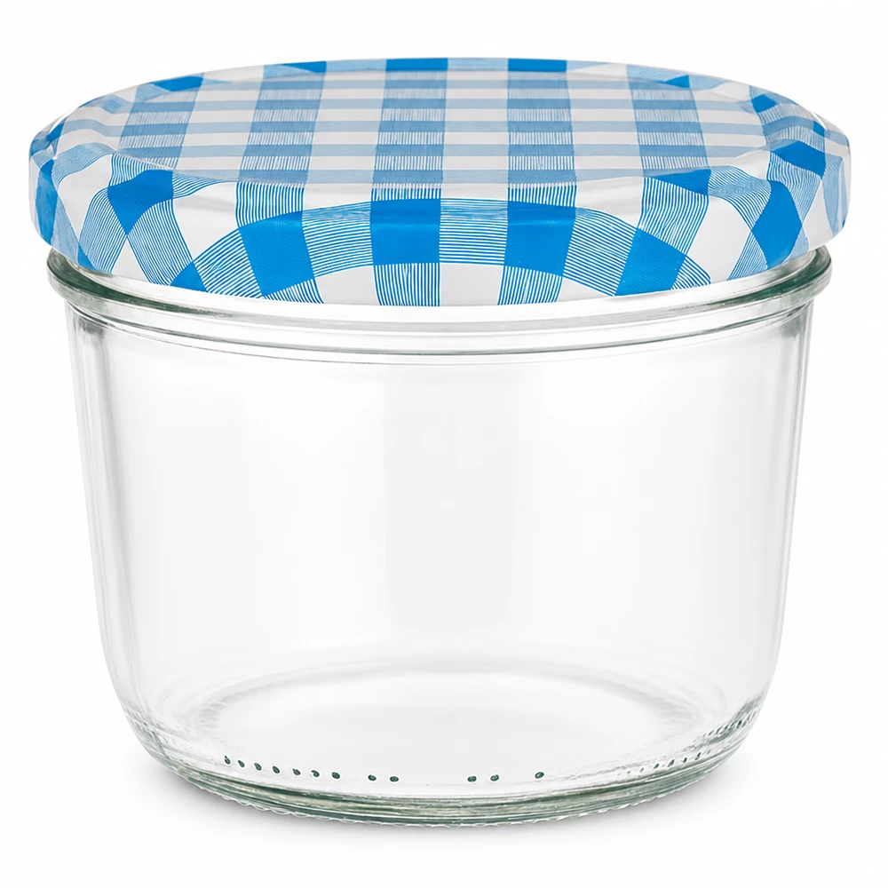 230ml Verre conique avec couvercle BasicSeal bleu/blanc UNiTWIST Pot renversé de 230 ml avec couvercle BasicSeal à carreaux bleus et blancs pour confitures et conserves