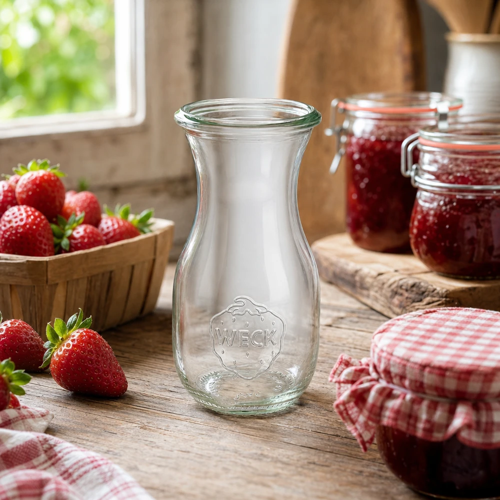 WECK Bouteille de jus 290ml RR60 dans une cuisine rustique avec des fraises fraîches et de la confiture maison