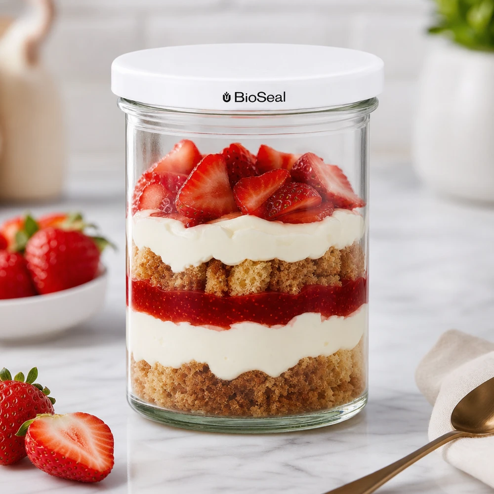 435ml Verre conique avec couvercle BioSeal blanc UNiTWIST Verre renversé UNiTWIST 435ml avec dessert stratifié à la fraise et baies fraîches montre une présentation créative de dessert