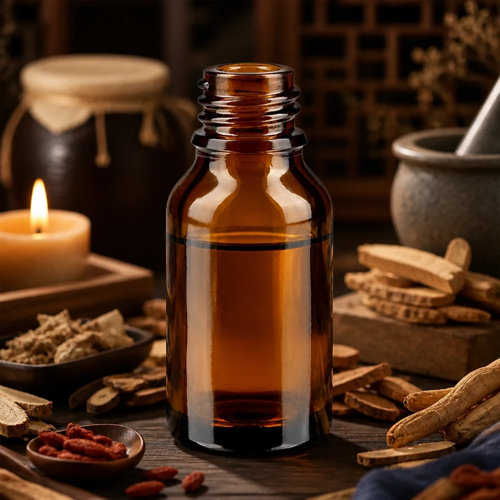 Flacon avec compte-gouttes 15 ml DIN18 - verre ambré Bouteille de pharmacie brune de 15ml ApoGlas avec des racines de ginseng, des épices et une bougie dans un environnement de médecine traditionnelle