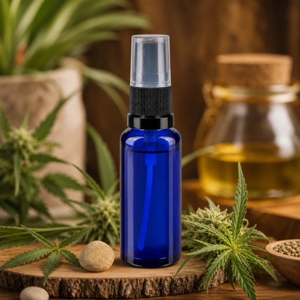 Flacon de pharmacie bleu 30ml embout spray noir Petit vaporisateur bleu de pharmacie de 30 ml posé sur un disque en bois, contenant de l'huile de CBD et des feuilles de chanvre