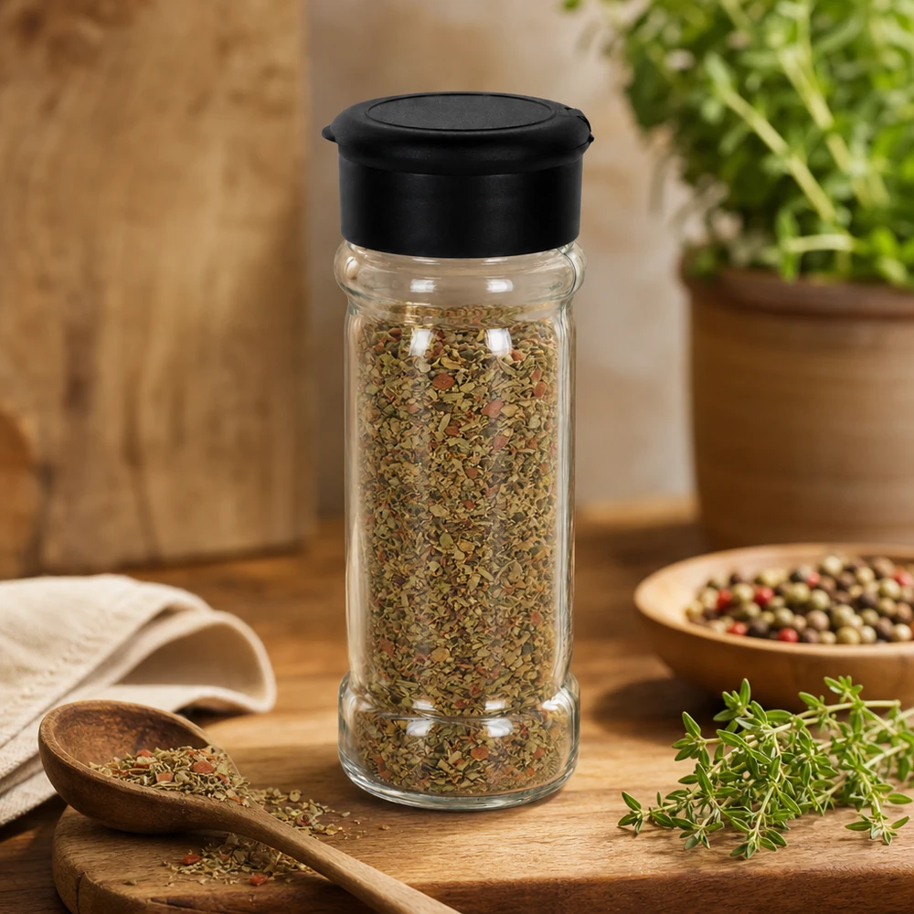 Pot à sel/épices 100 ml avec saupoudreuse, noir Petit bocal à herbes aromatiques de 100 ml avec un couvercle en plastique noir, à côté de thym frais