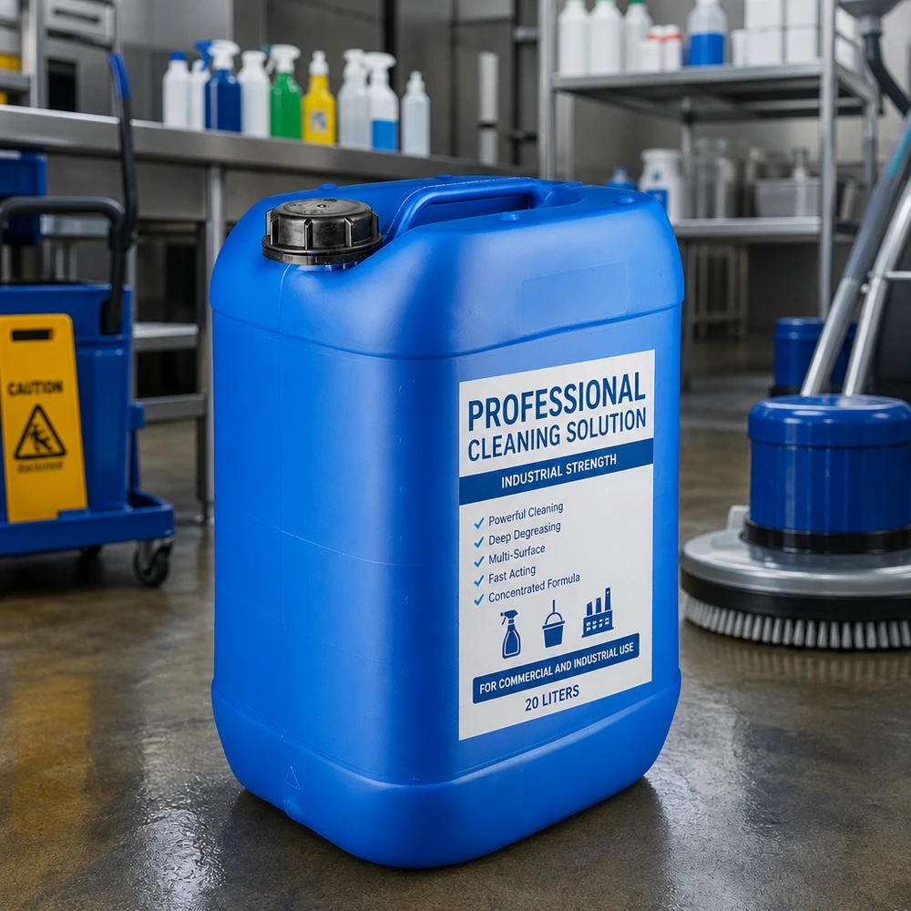 Bidon en plastique robuste de 25 litres, bleu, destiné aux produits de nettoyage et de dégraissage à usage professionnel