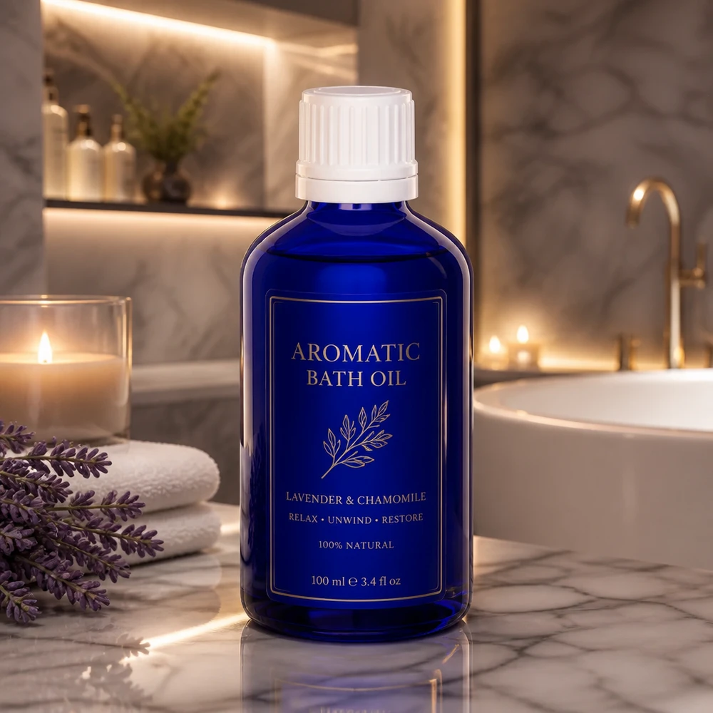 Flacon de pharmacie bleu de 100 ml avec bouchon d'origine et doseur de 0,7 mm pour huiles essentielles et produits pour le bain