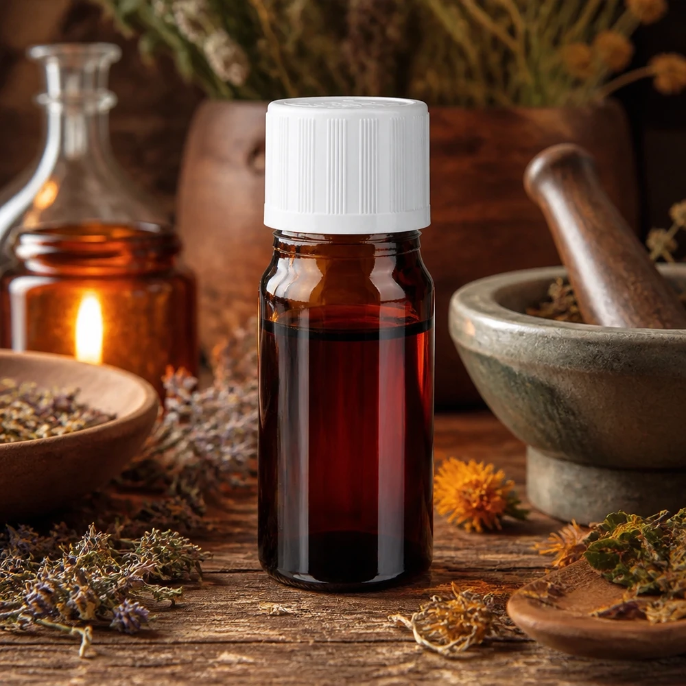 Flacon de pharmacie brun 5ml bouchon compte-gouttes blanc sécurité enfant standard Flacon en verre brun de 5 ml muni d'un compte-gouttes de 1,2 mm et d'un bouchon à l'épreuve des enfants, posé sur une table en bois rustique