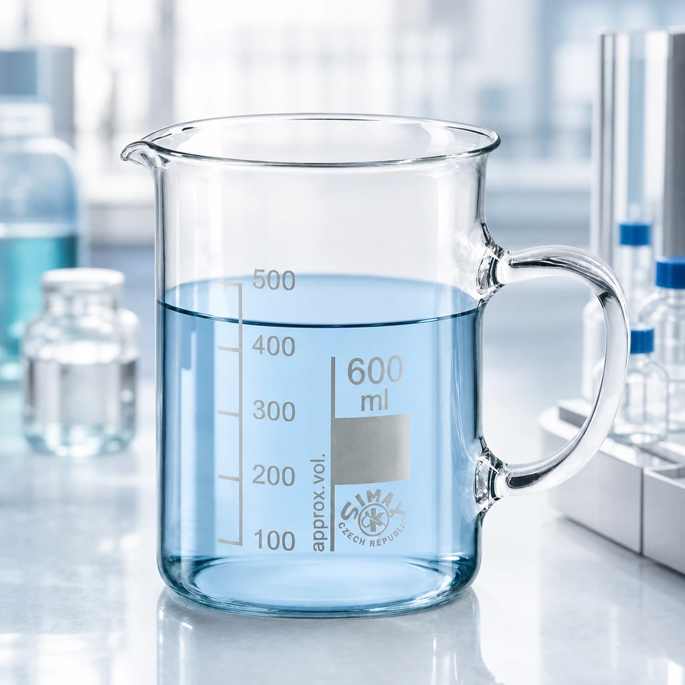 Bécher avec poignée 600ml en verre borosilicate résistant à la chaleur (forme normale) Bécher à anse, capacité de 600 ml, transparent, destiné à un usage professionnel en laboratoire