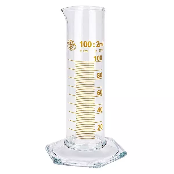 Éprouvette graduée 100 ml, forme basse et graduations marron, ISO 4788 Éprouvette graduée 100 ml, forme basse et graduations marron, ISO 4788