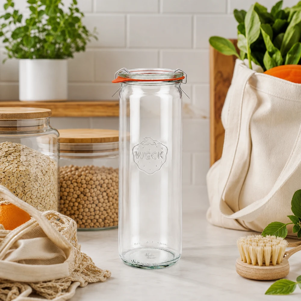 WECK Pot cylindrique 600ml RR60 vide en cuisine durable zéro déchet avec bocaux à provisions sacs en coton et herbes aromatiques
