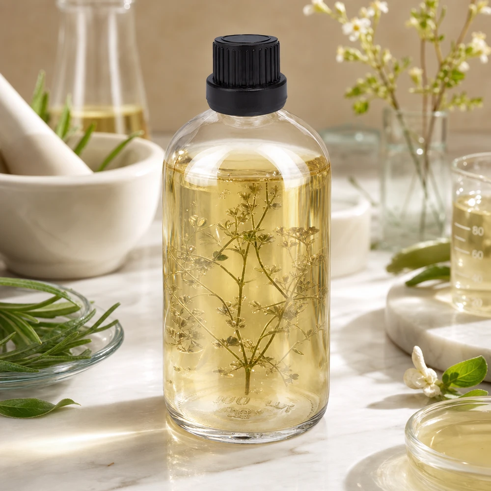 Infusion d'huile aux herbes en flacon compte-gouttes ClearLine UT18 de 100 ml avec bouchon noir à sécurité enfant